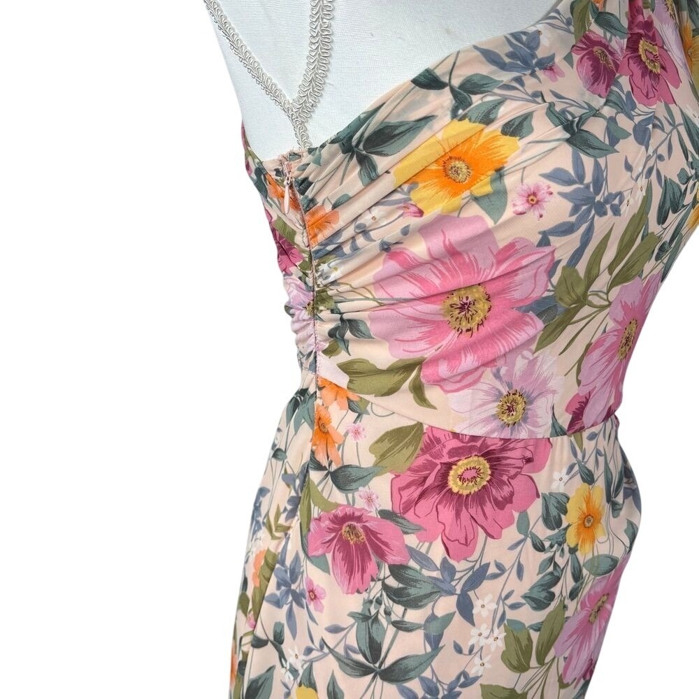Astr One-Shoulder Floral Asymmetrical Midi Dress in Pink and Yellow - Picture 9 of 11
